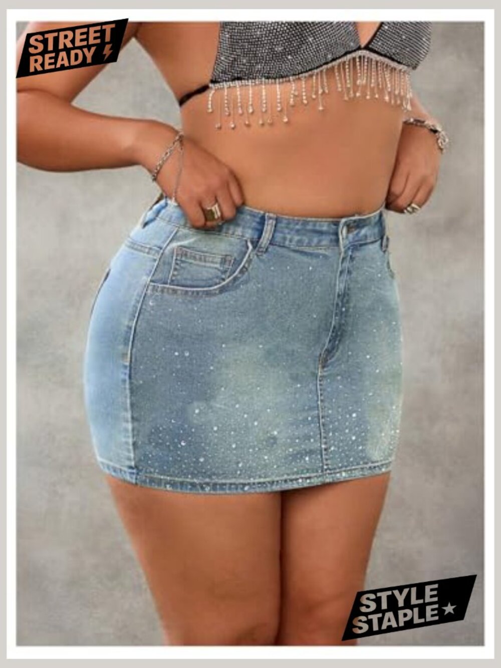 Plus Size Rhinestone Glitter Denim Mini Skirt with Pockets High Waist - Picture 3 of 5